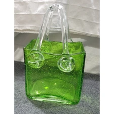 Vintage Murano Style Green Bubble Art Glass Purse Square Handled Art Glass Vase