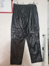 Black Faux Leather Cargo Pants with Elastic Waistband, Size M