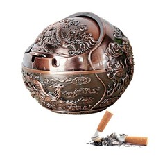 Vintage China Dragon Spherical Metal Ashtray with Lid Cigarette Tobacco Tray