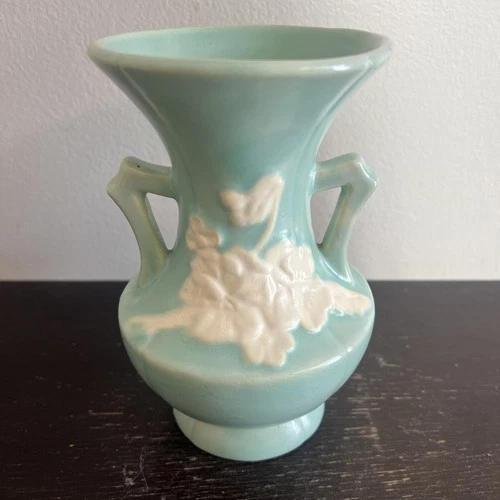 Weller Pottery Flower Cameo Blue/Green  Vase w/White Flowers Rose 6 1/2" 1940’s
