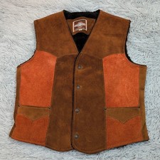Vintage Pioneer Wear Vest Mens 44 Brown Leather Snap Up Outdoors Comfort Rancher