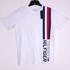 NWT Tommy Hilfiger Boys Short Sleeve Vertical Stripe Logo T Shirt White Size L