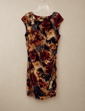 Lauren Ralph Lauren Floral Watercolor Sheath Dress Sz 14 Ruched Stretch Midi 