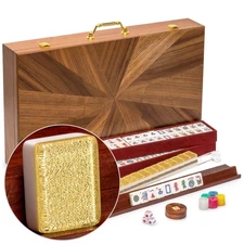 American Mahjong "Golden Fortune" Gold Glitter Tiles Wooden Case US-AF019-B New
