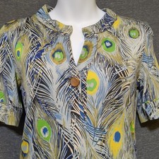 Vtg Z/G Karina Grimaldi Silk Top Women's S Peacock Print Gold Buttons USA Made