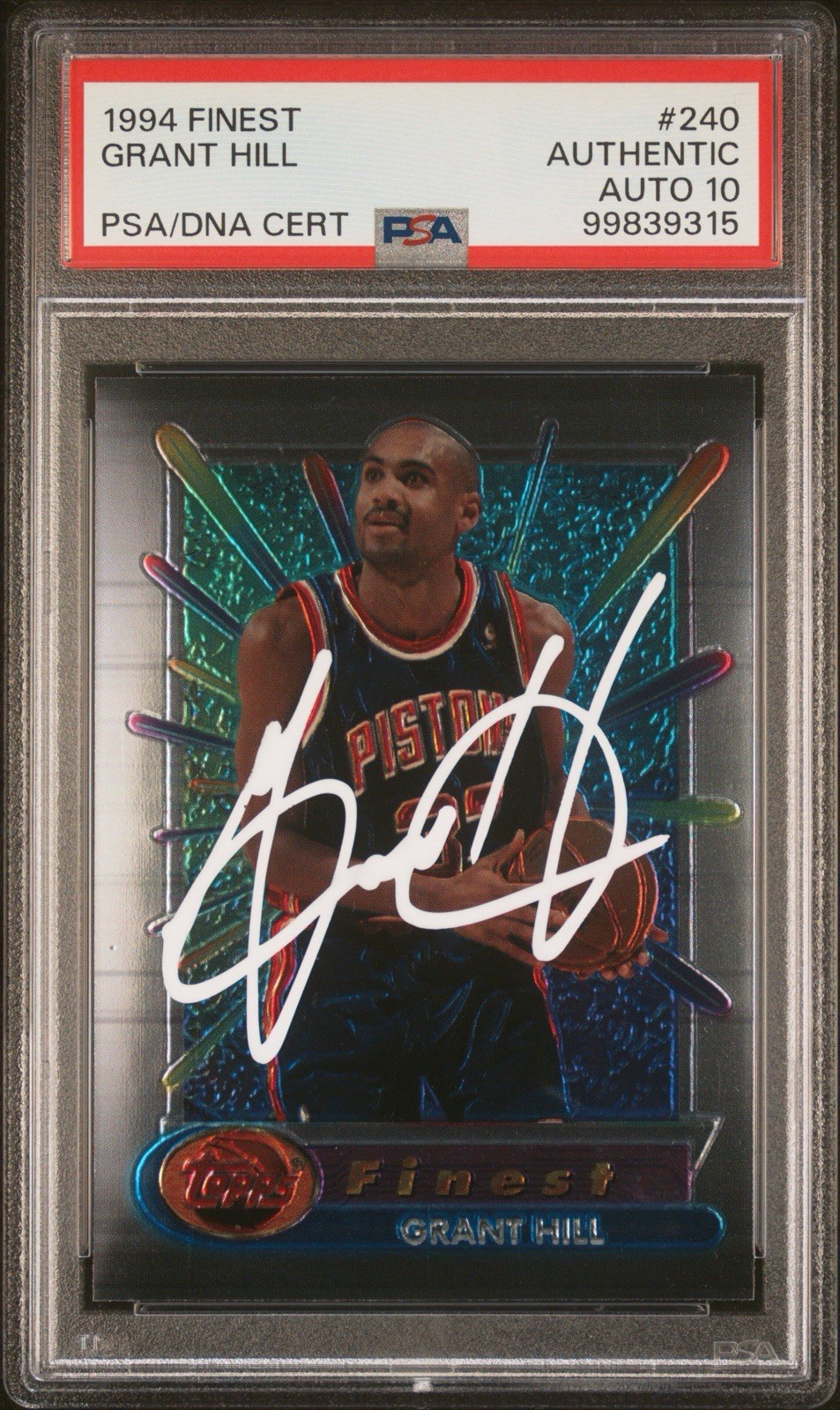 GRANT HILL #33 SIGNED 1994 TOPPS FINEST ROOKIE BASKETBALL CARD PSA AUTO 10 #240