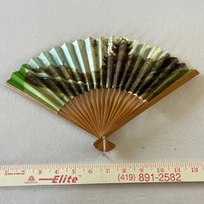 Vintage Wooden  Paper Hand Fan Fold Up 1950-1960s Taiwan Landscape