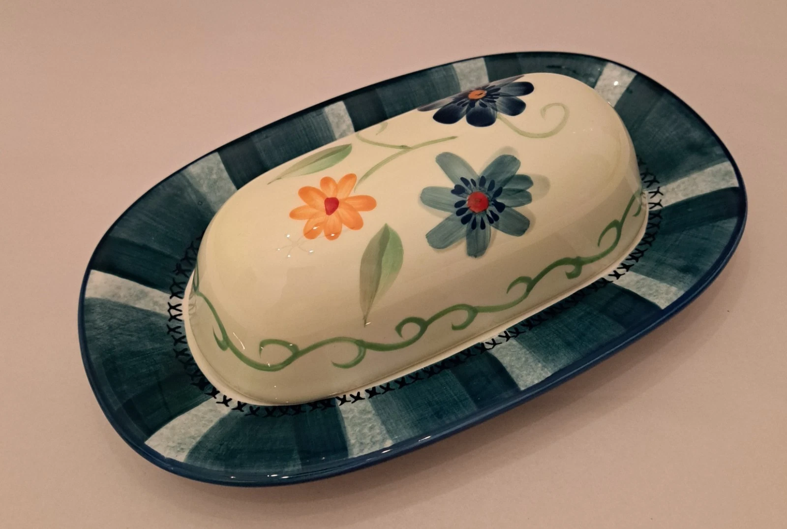 Pfaltzgraff VERONA Scroll Stripe Floral Blue Trim Covered 1/4 Lb Butter Dish