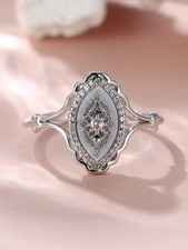 Silver Vintage Mother Of Pearl Ring With Diamond Accents Size 6 7 8 9 10