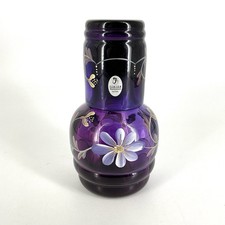 FENTON Glass Tumble Up Amethyst Bedside Water Carafe Floral Hand Painted Signed