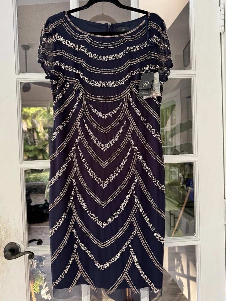 Vestido de Cóctel Adrianna Papell Azul Marino Oro Rosa Lentejuelas Talla-14 ¡Nuevo con Etiquetas! Foto 4 de 4