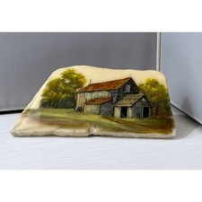 Vintage Hand Painted Barn Scene Rustic Natural Marble Stone Slab Folk Art