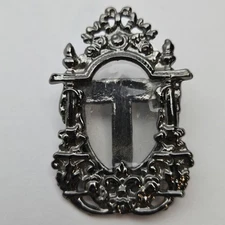 Vintage Mini Picture Frame Brooch Pin Fleur de Lis Silver Metal Jewelry 1.75in