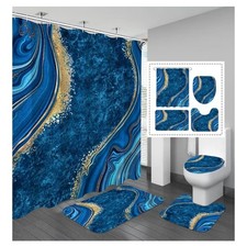 4 Pcs Luxury Marble Shower Curtain Set with Non-Slip Rugs, Toilet Lid Blue