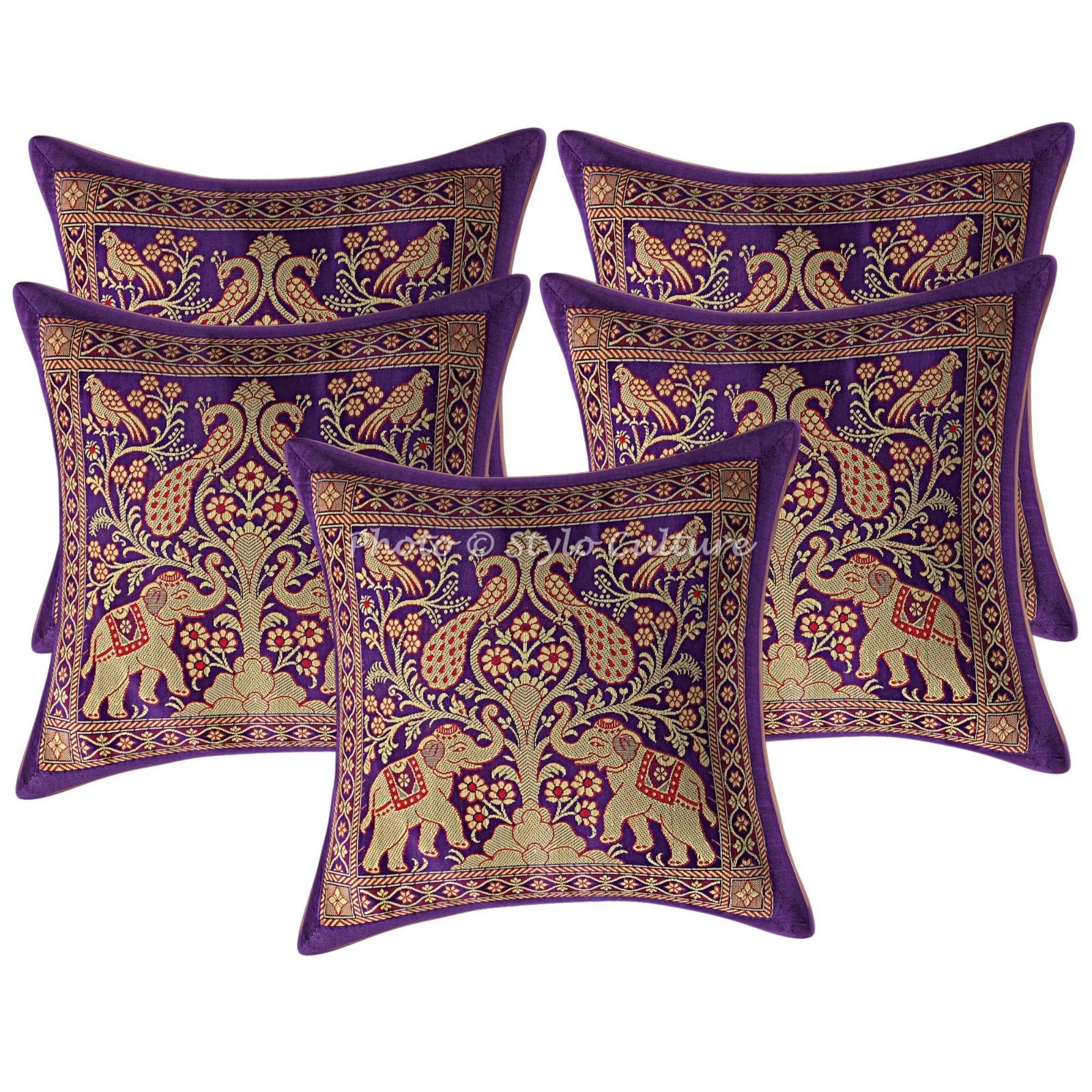 Bohemian Brocade Throw Pillow Covers Jacquard Elephant Purple Boho Cushion Cover