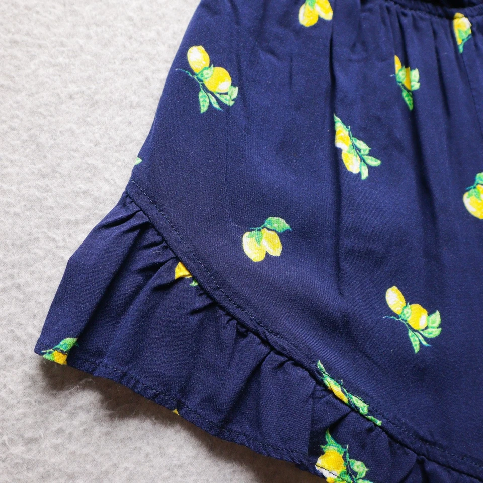 Romper feminino Mimi Chica pequeno azul marinho estampa de limão bolsos com babado fora do ombro - Imagem 4 de 4