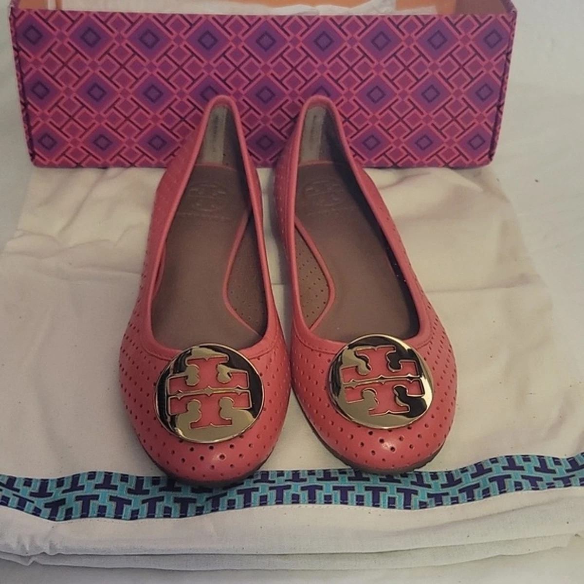 Tory Burch Perforated Reva Ballet Coral w Gold Logo Flats eBay