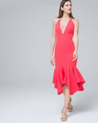 knee length dresses for ladies Aidan Mattox Crew Neckline Subtle Beaded Floral Details Flounce Skirt  Halter Bodice Midi Dress