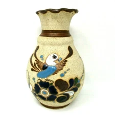 Tonala Pottery Artist Signed JR Mexico Vase Bird Flower 8in tall Folk Art