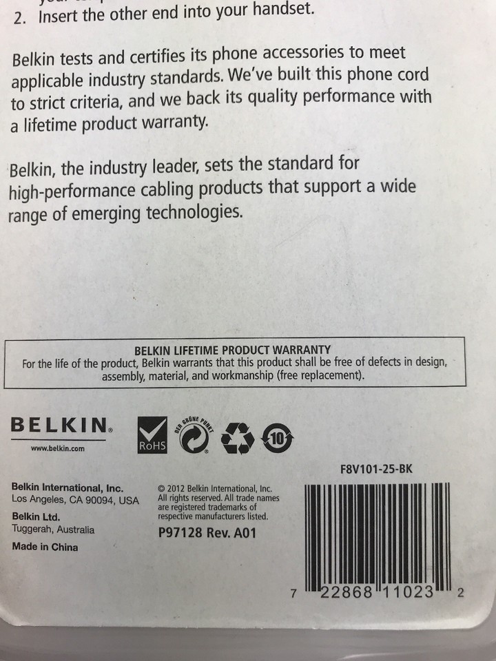 Belkin F8V101 25 Black Curly Coiled Phone Cable Handset Cord RJ11 Male