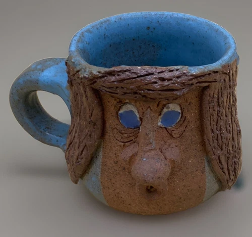 Studio Art Pottery Face Mug Blue Glaze Signed Handmade Coffee Tea