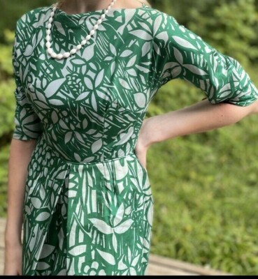 Vintage Mid Century Silk Boatneck Dress Green Floral | eBay