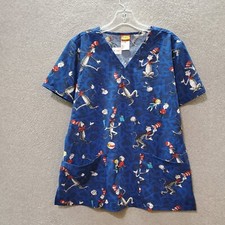 Dr Seuss Women Scrub Top Medium Blue Cat In The Hat Pockets Short Sleeve V Neck
