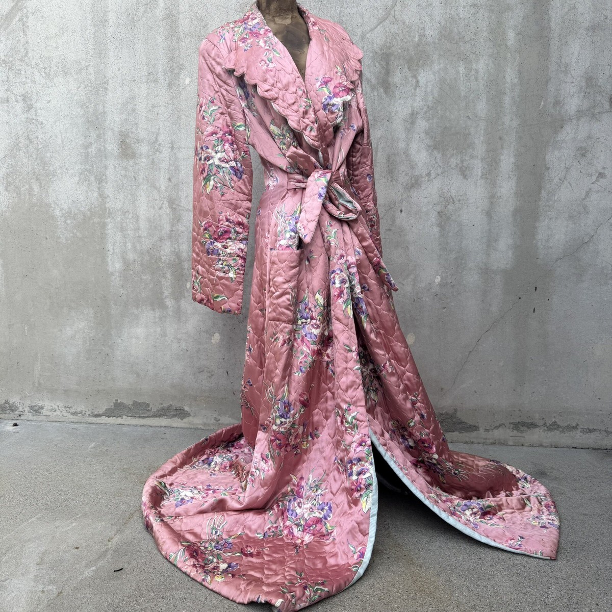 Vintage 1940s Pink Rayon Satin Dressing Gown, Robe, Wrap Dress, Floral Print