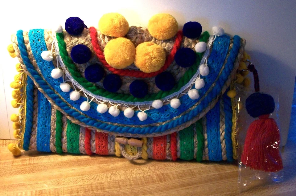 Мексиканский ручной работы сплетенный застежки сумочки Дамская сумка праздничные цвета помпоны и кисточки - Изображение 3 из 4