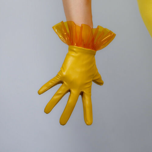 CLEAR GLOVES PVC Ruffle Trim TECH Faux Leather Yellow Short Plastic Transparent - Afbeelding 1 van 57