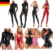 DE Damen Glänzend Body Lack Leder Catsuit Nachtclub Stangentanz Bodysuit Sexy