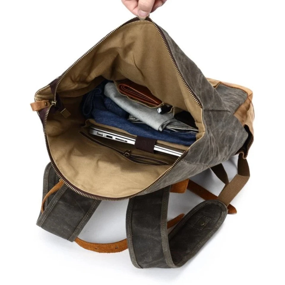 Mochila expandible de lona encerada con ribete de cuero Foto 4 de 4