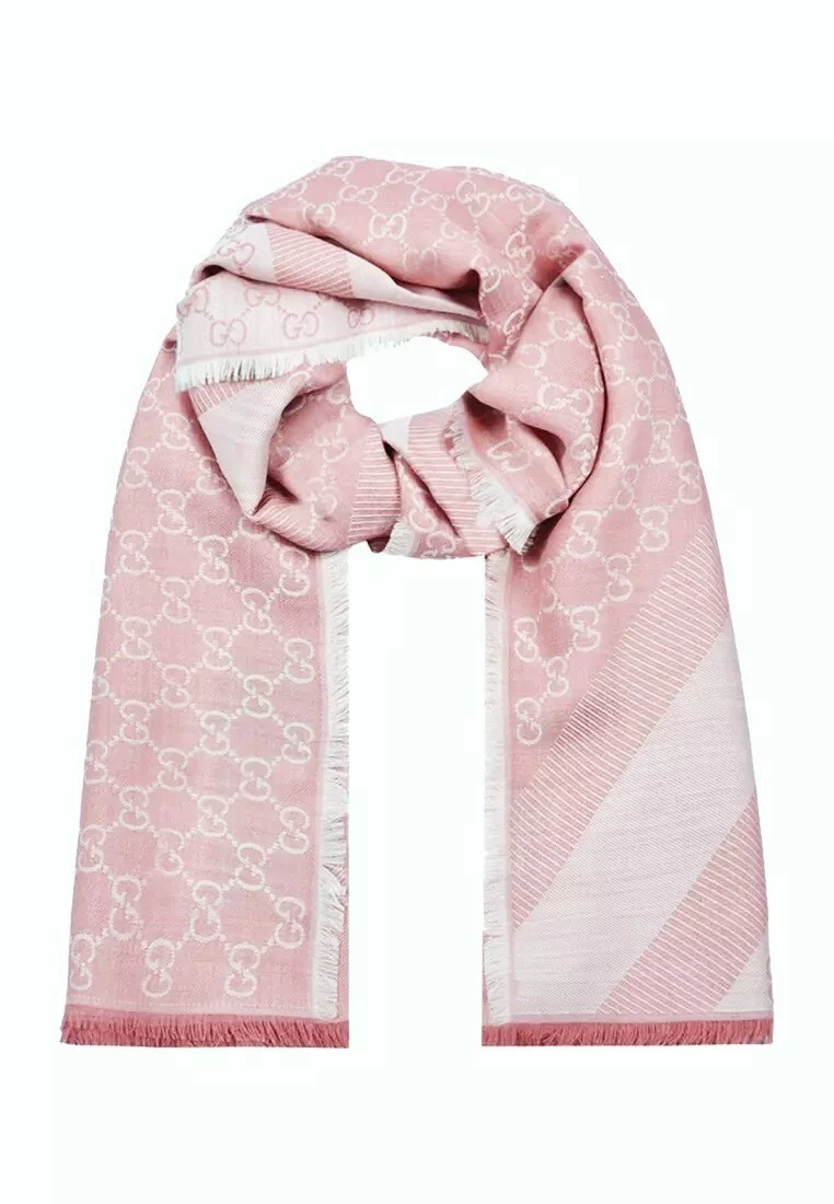 GUCCI 282390 écharpe foulard 70x195 cm laine soie rose NEUF