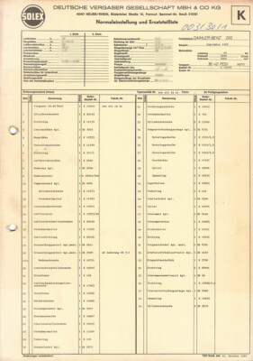 Datenblatt Einstelldaten Solex 36-40 PDSI Vergaser Mercedes 200 - 0010711901