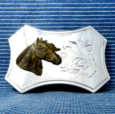 Western Horse Head Belt Buckle Scroll Flourish Chrome Like Finish Vtg 70s.GTA148