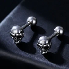 Gothic Punk Rock Skull Earrings Surgical Steel Screw Back Ear Stud Mens Womens