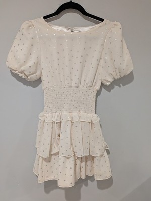 Habitual Girl Cream Silver Metallic Polka Dot Tiered Dress Size 14 Smocked Waist