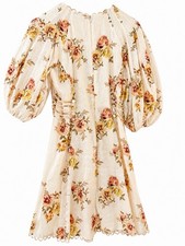 Zimmermann Beige Pink Green Yellow Floral Linen Puff Sleeve Short Dress