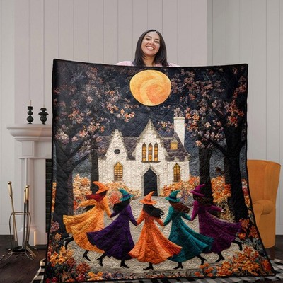 Halloween Witch Quilt Blanket Autumn Full Moon Haunted House Spooky Season Decor
