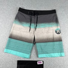 Hurley Swim Trunks Mens 30 Gray Teal Striped Board Shorts Bathing Suit Mens