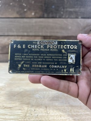 Vintage F&E Check Protector Metal Name Plate By The Hedman Company Chicago 