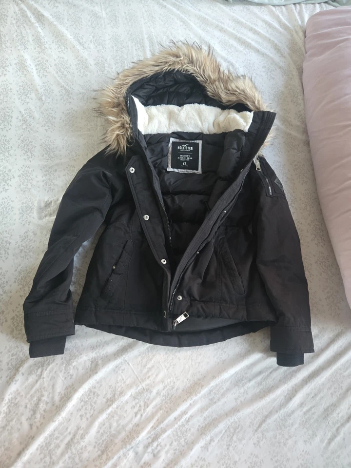 HOLLISTER черный парка пальто размер S женщин полный молнии наследия с капюшоном с подкладкой куртка - Изображение 3 из 4