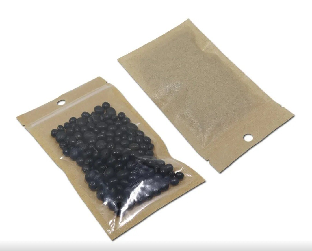 FERENLI 100Pcs Clear Brown Kraft Paper Plastic for Zip Reclosable Bag Lock Flat