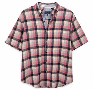 Charleston Threads Linen Blend Plaid Shirt Mens L Short Sleeve Casual Summer