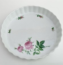 9.5 in Vintage Quiche Flan Dish Christineholm Pink Rose Ceramic Fluted Oven 9.5”