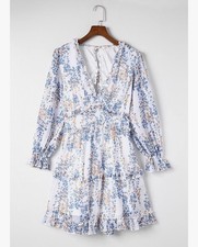 Open back long sleeve  floral ruffle tiered mini dress blue, orange white Small