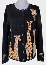 1990s ARRIVISTE Giraffe Themed Embroidered Beaded Cardigan Sweater Size Medium