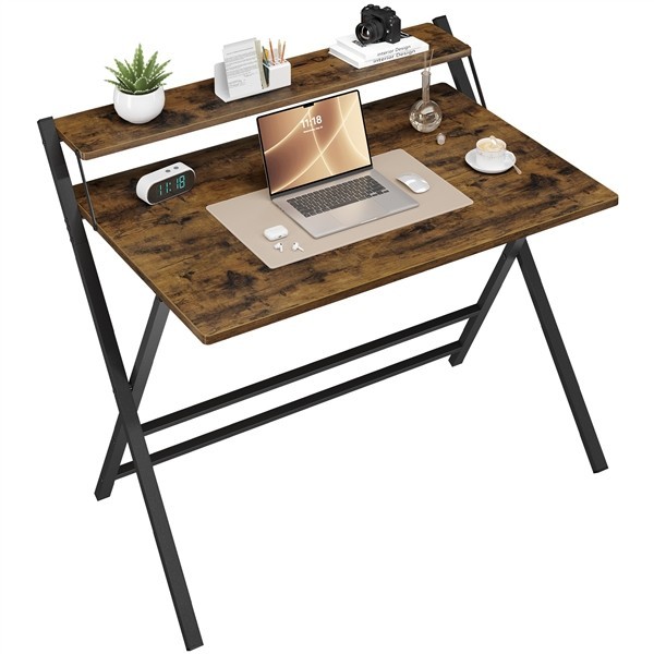 2-Tier Foldable Computer Desk w/ Monitor Shelf for Home Office Dormitory Study b