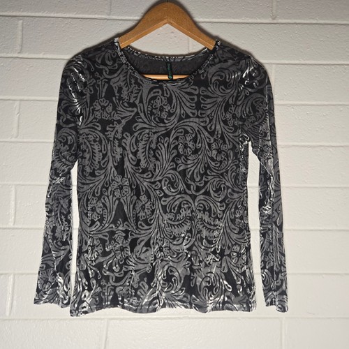 Sterling Kreek Velvet Burnout Top Medium Silver Black Damask Floral Western Goth