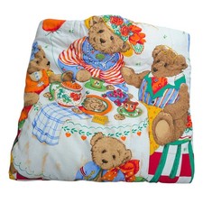 VTG 1980s Handmade Teddy Bear Quilt Blanket 35  X 44  Picnic Tea Party Polka Dot
